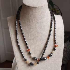 Set Of Two Hematite Bead And Natural Rose Quartz Amber Chip 16in Necklaces